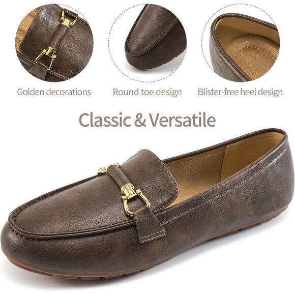 Women's Moccasins Loafers Brown Leather Casual Pull On Round Toe Penny Shoes - Picture 4 of 6